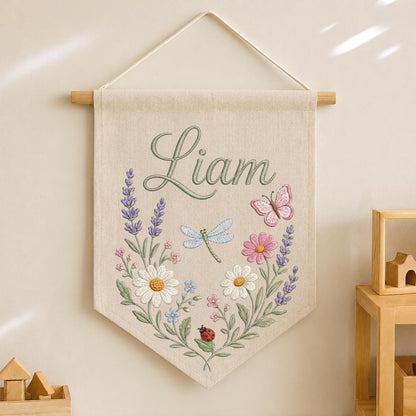 Personalized Embroidered Wildflower Name Banner, Linen Nursery Decor