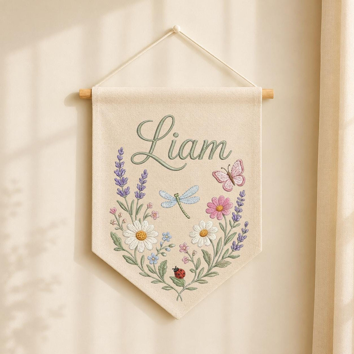 Personalized Embroidered Wildflower Name Banner, Linen Nursery Decor