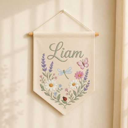 Personalized Embroidered Wildflower Name Banner, Linen Nursery Decor