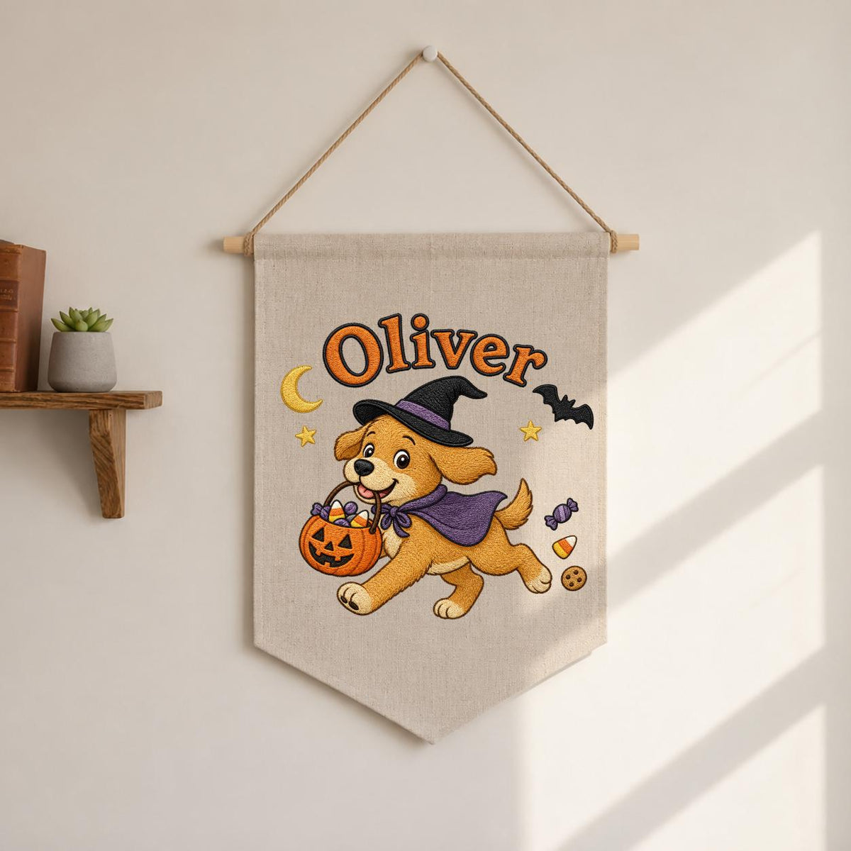 Personalized Halloween Puppy Banner, Custom Embroidered Name Canvas Pennant