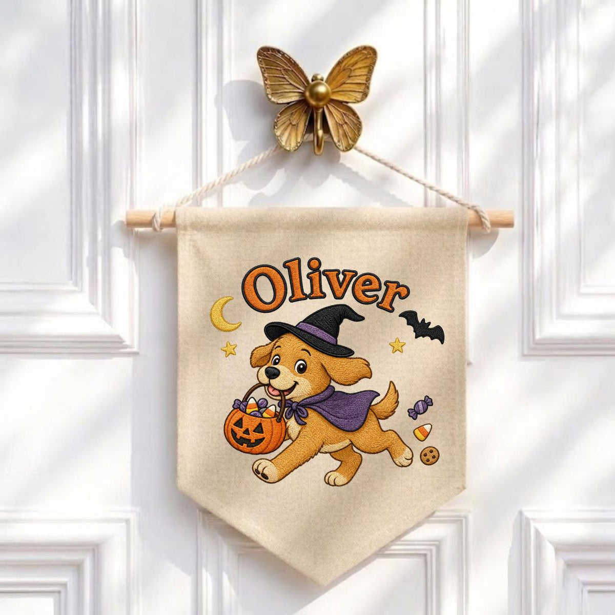 Personalized Halloween Puppy Banner, Custom Embroidered Name Canvas Pennant