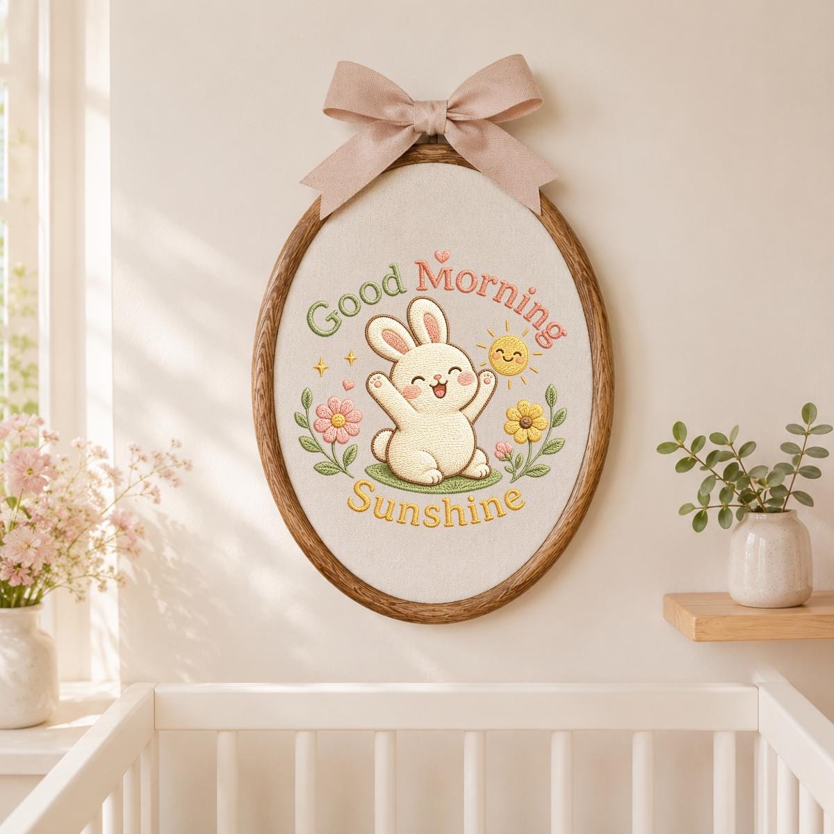 Embroidered Bunny Hoop Art, Floral Sun Nursery Decor, Linen Wall Hanging