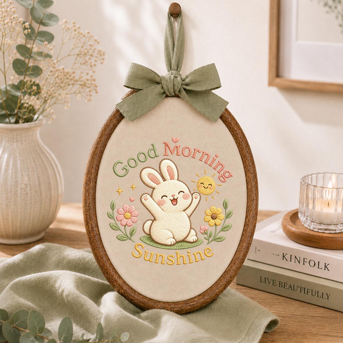 Embroidered Bunny Hoop Art, Floral Sun Nursery Decor, Linen Wall Hanging