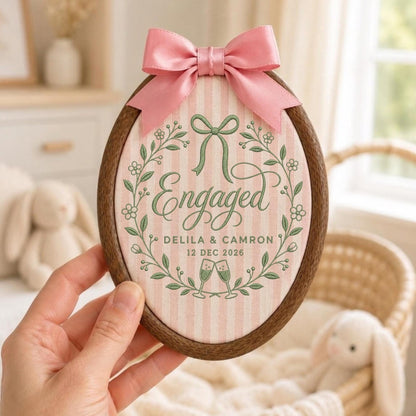 May include: An oval wooden embroidery hoop frame containing fabric with pink and white vertical stripes. The fabric features green embroidered text reading Engaged, Delila &amp; Camron, 12 Dec 2026, a floral wreath, and two champagne flutes. A pink satin bow is attached to the top.