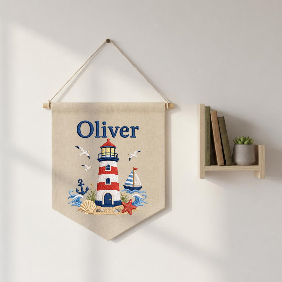 Personalized Nautical Lighthouse Nursery Decor, Custom Name Embroidered Canvas Pennant Banner, Red Lighthouse Sailboat Wall Hanging Sign