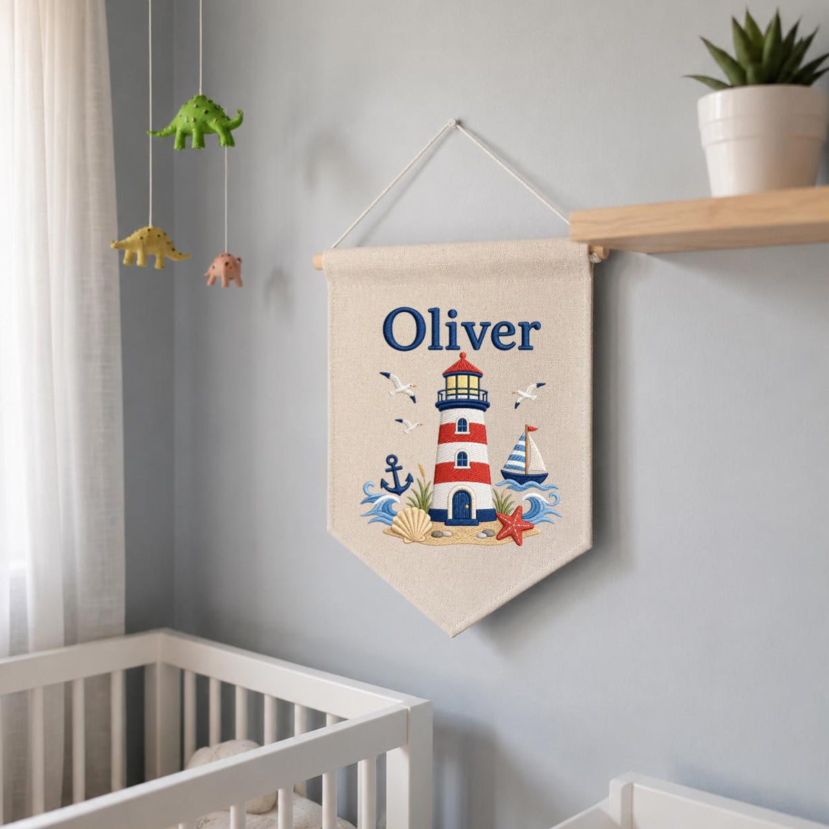 Personalized Nautical Lighthouse Nursery Decor, Custom Name Embroidered Canvas Pennant Banner, Red Lighthouse Sailboat Wall Hanging Sign