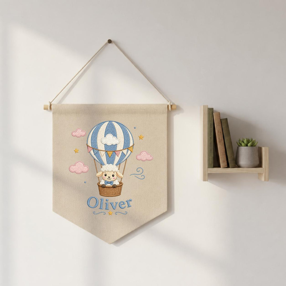 Personalized Hot Air Balloon Lamb Nursery Banner, Custom Name Embroidered Wall Hanging