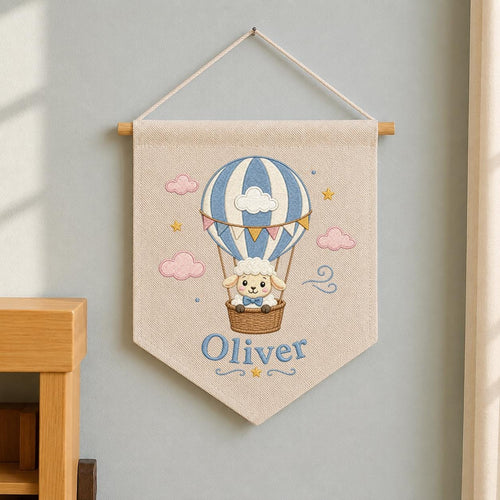 Personalized Hot Air Balloon Lamb Nursery Banner, Custom Name Embroidered Wall Hanging
