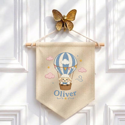Personalized Hot Air Balloon Lamb Nursery Banner, Custom Name Embroidered Wall Hanging