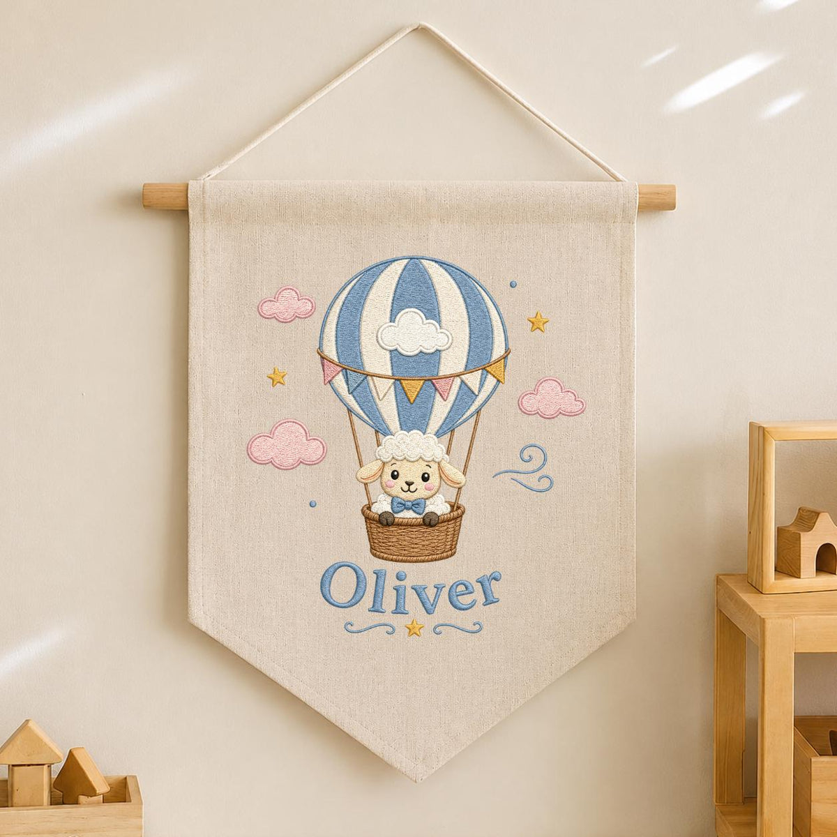 Personalized Hot Air Balloon Lamb Nursery Banner, Custom Name Embroidered Wall Hanging