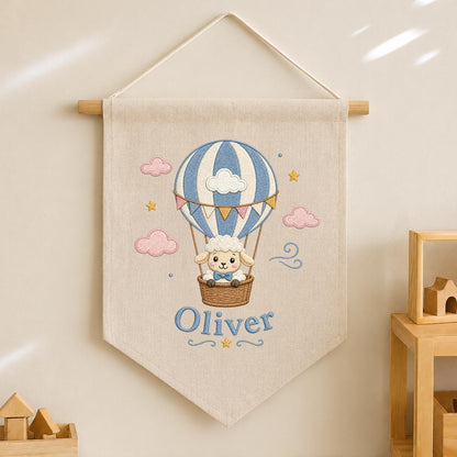 Personalized Hot Air Balloon Lamb Nursery Banner, Custom Name Embroidered Wall Hanging