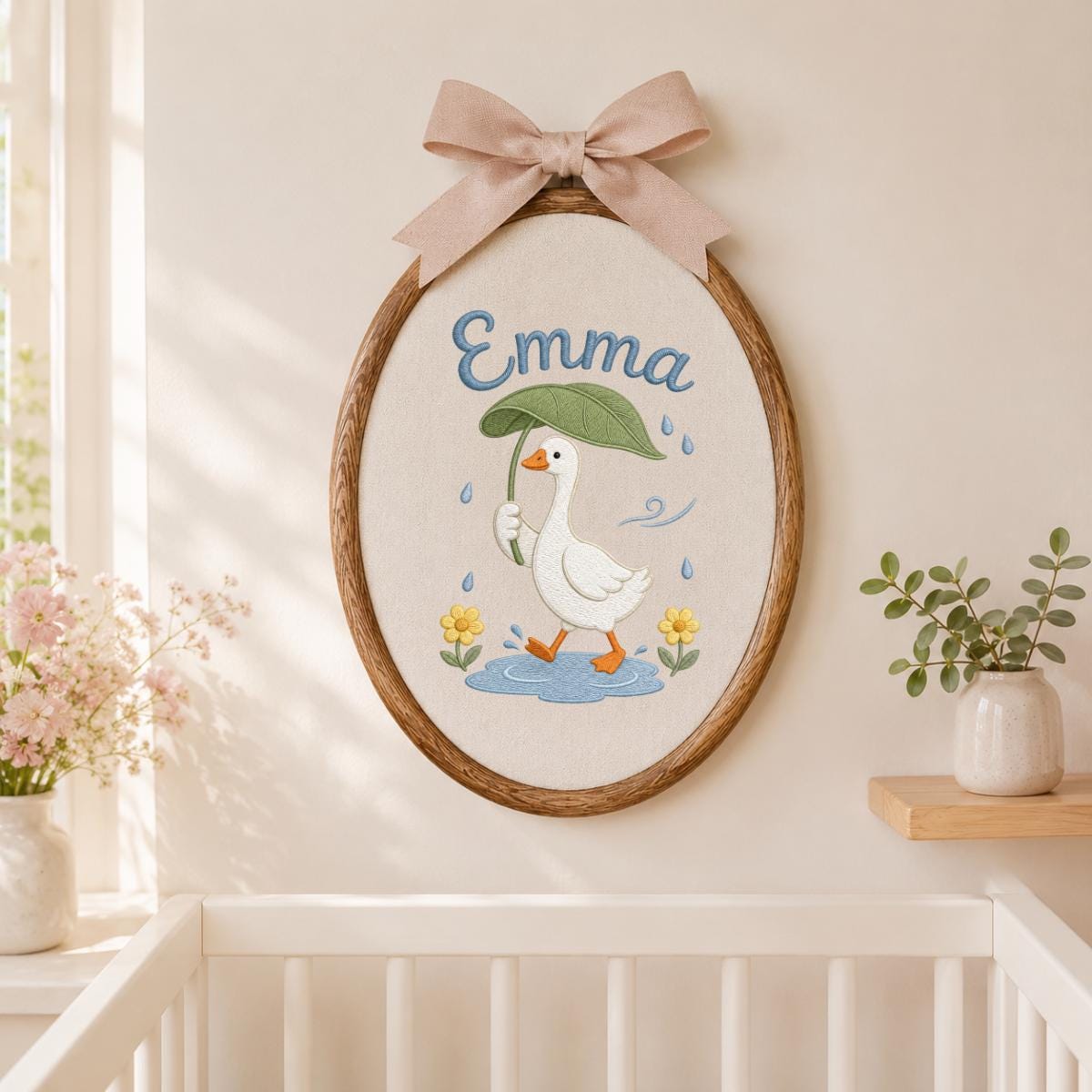 Personalized Embroidered Hoop Art, Custom Name Nursery Decor, Duck Umbrella Wall Art