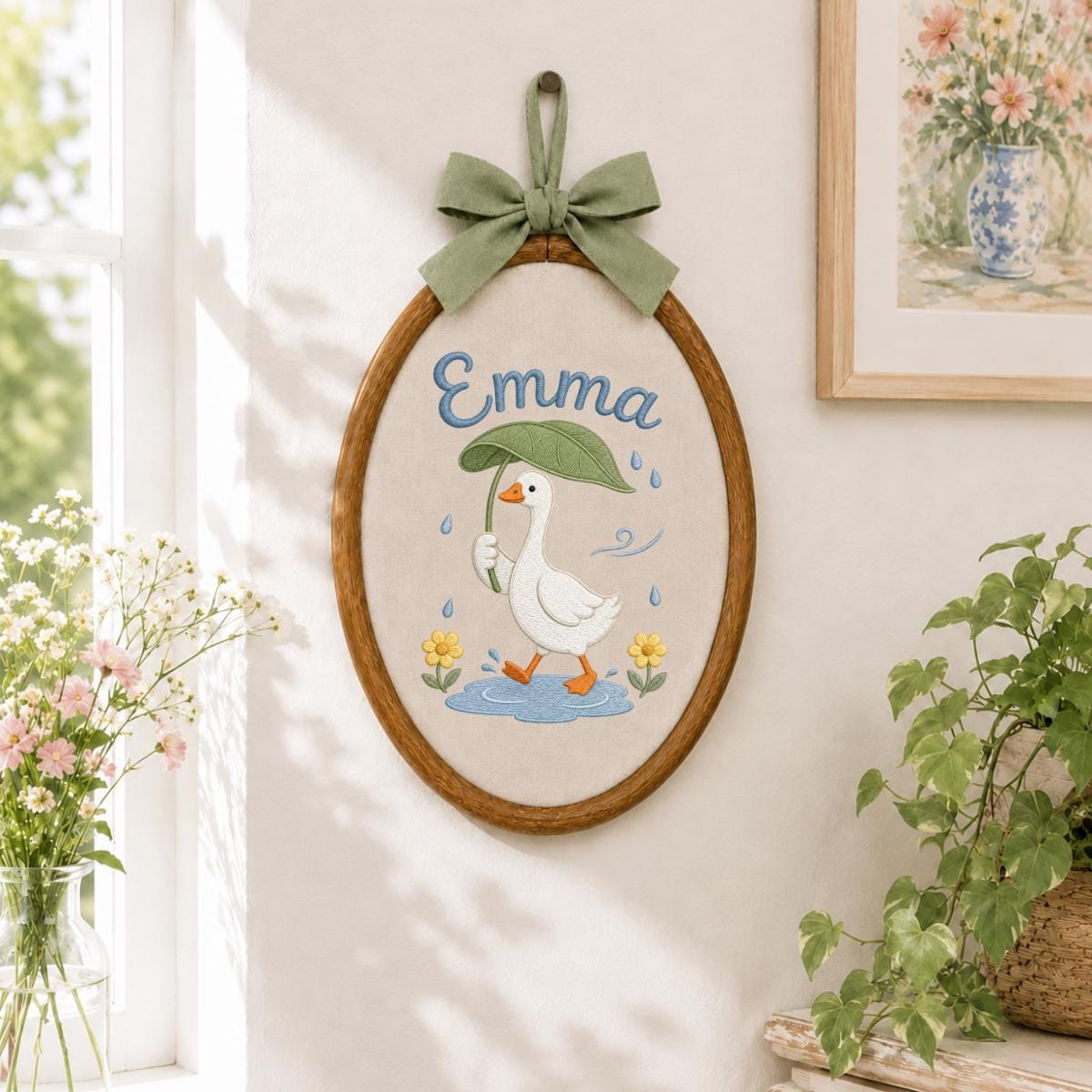 Personalized Embroidered Hoop Art, Custom Name Nursery Decor, Duck Umbrella Wall Art