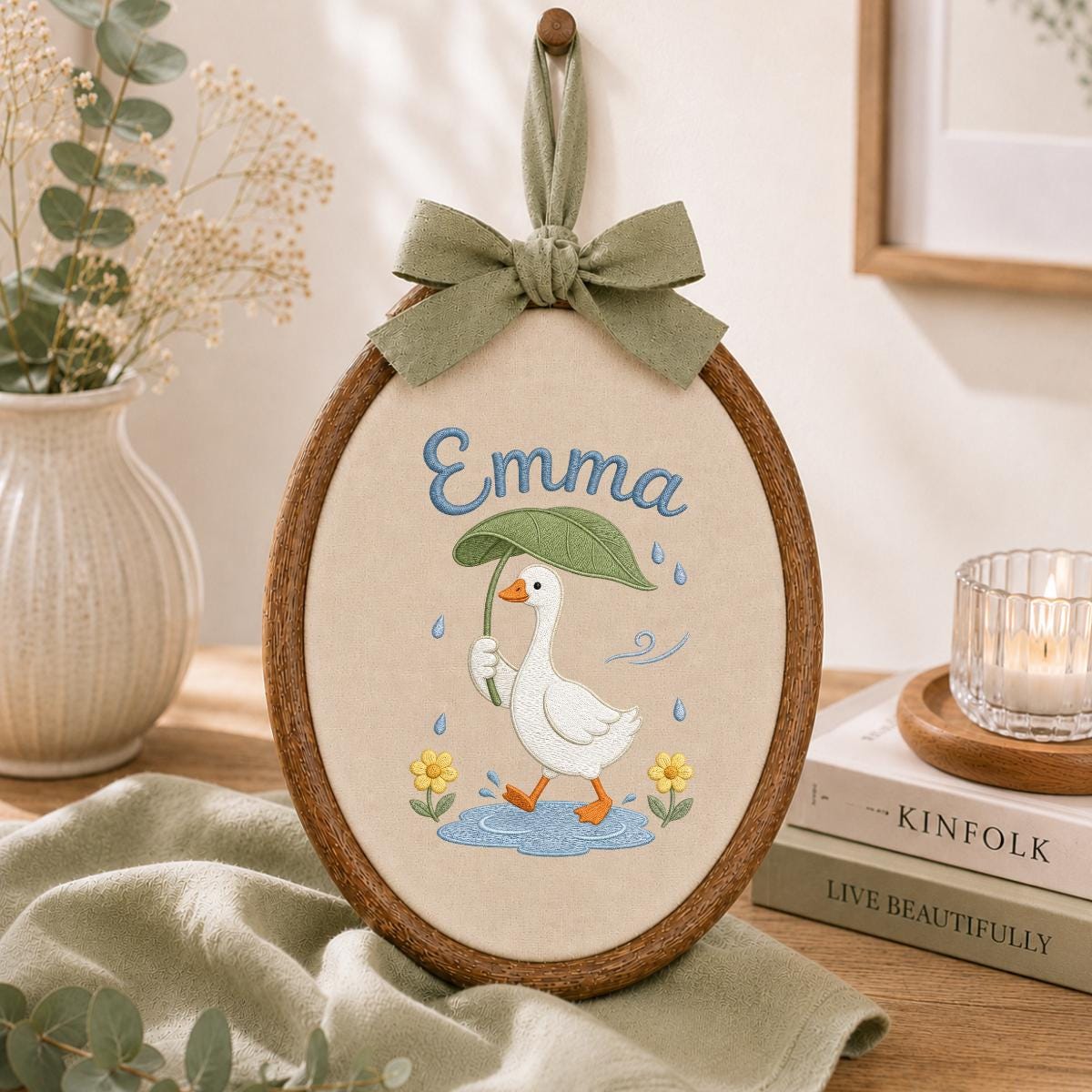 Personalized Embroidered Hoop Art, Custom Name Nursery Decor, Duck Umbrella Wall Art