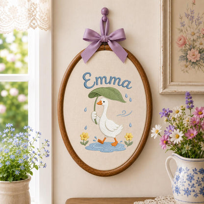 Personalized Embroidered Hoop Art, Custom Name Nursery Decor, Duck Umbrella Wall Art