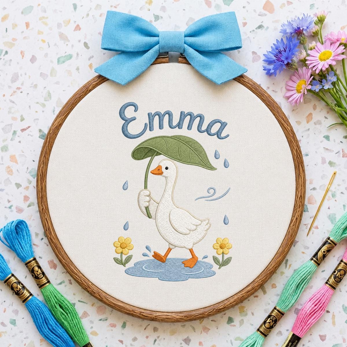 Personalized Embroidered Hoop Art, Custom Name Nursery Decor, Duck Umbrella Wall Art