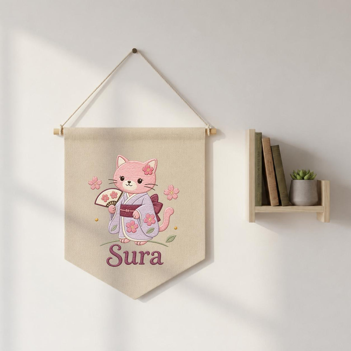 Personalized Embroidered Cat Kimono Banner, Cherry Blossom Wall Hanging, Linen Fabric Art