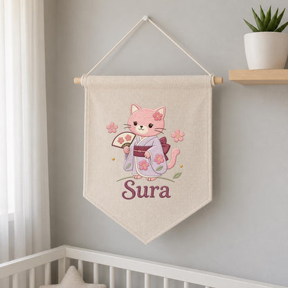 Personalized Embroidered Cat Kimono Banner, Cherry Blossom Wall Hanging, Linen Fabric Art