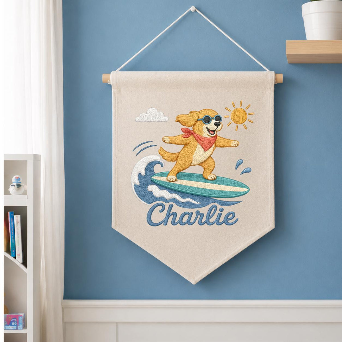 Custom Embroidered Surfing Dog Banner, Personalized Beach Nursery Wall Hanging