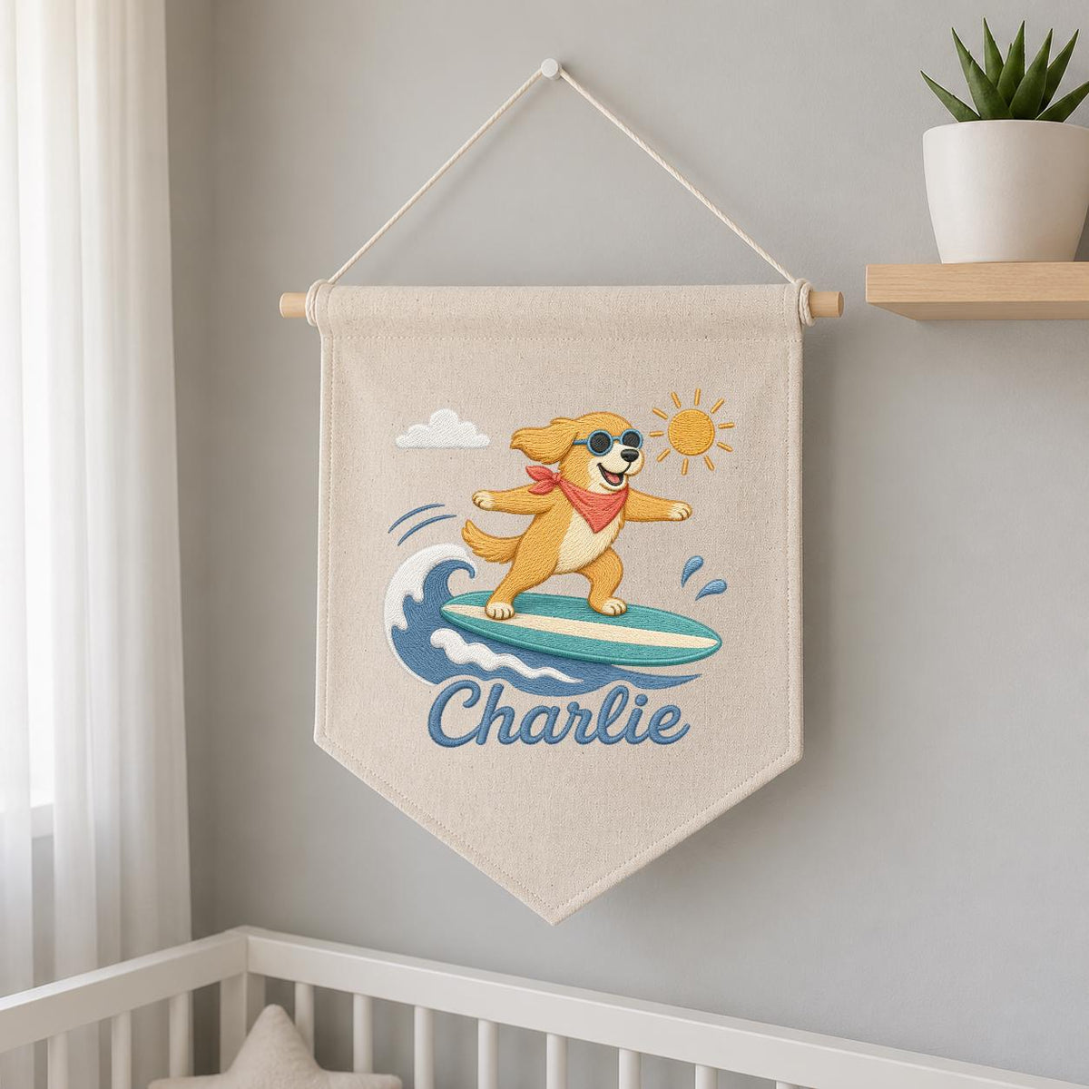 Custom Embroidered Surfing Dog Banner, Personalized Beach Nursery Wall Hanging
