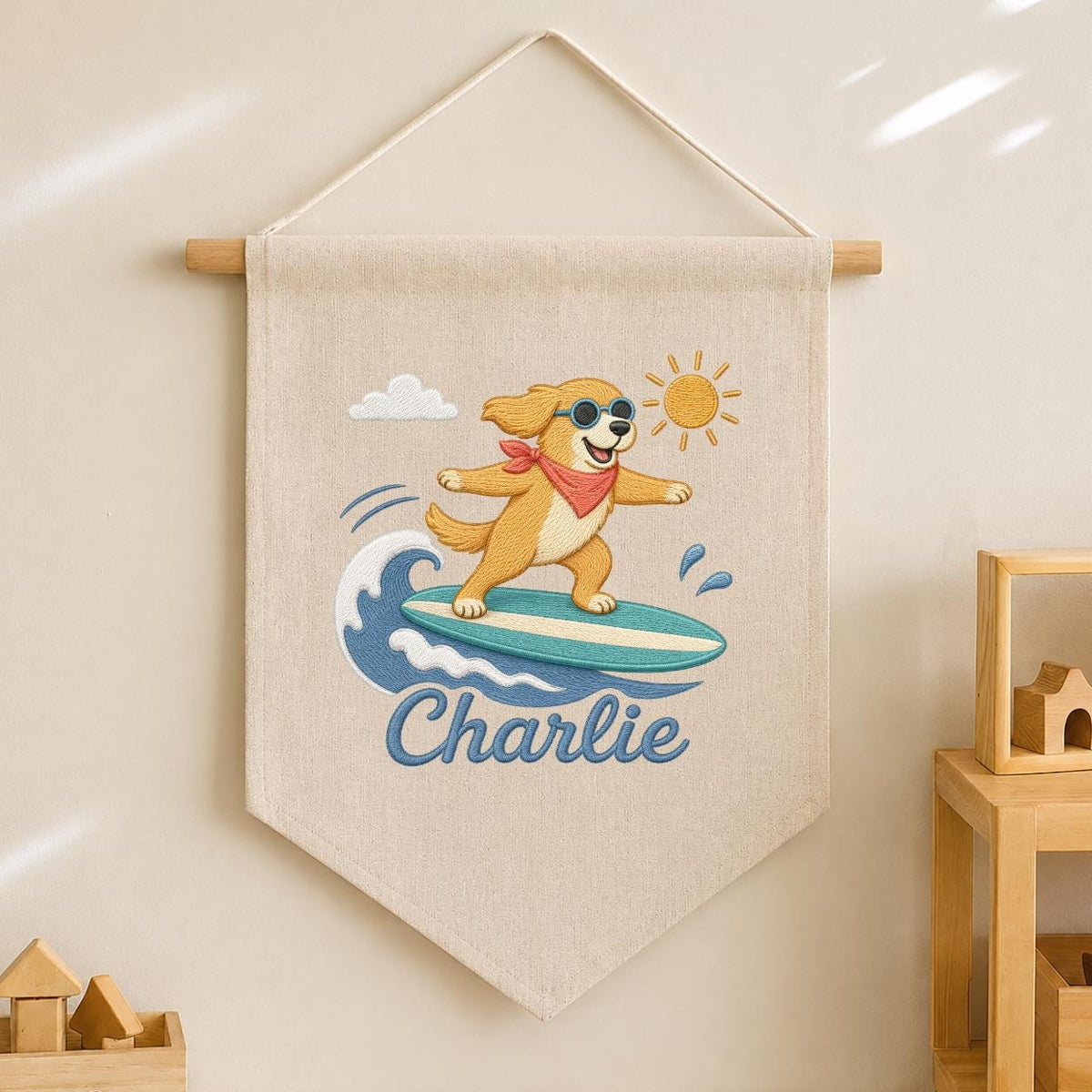 Custom Embroidered Surfing Dog Banner, Personalized Beach Nursery Wall Hanging