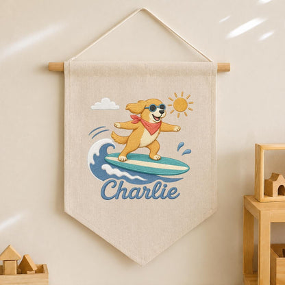 Custom Embroidered Surfing Dog Banner, Personalized Beach Nursery Wall Hanging