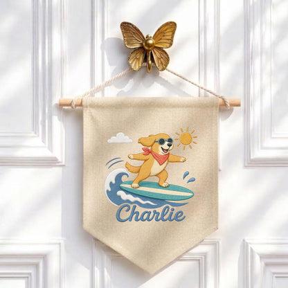 Custom Embroidered Surfing Dog Banner, Personalized Beach Nursery Wall Hanging