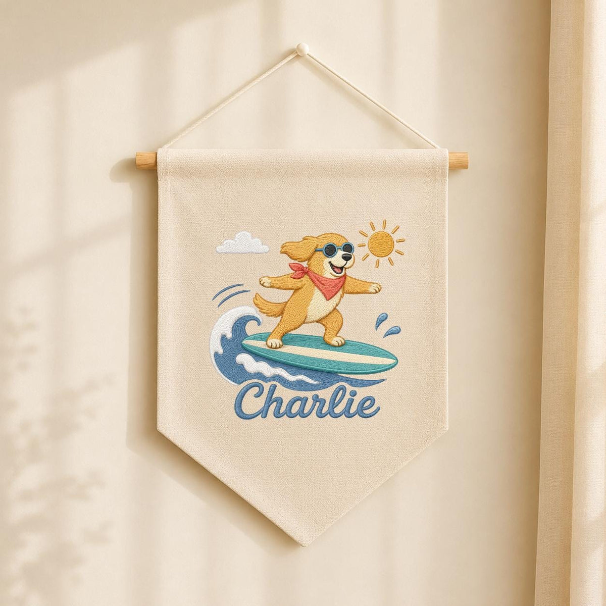 Custom Embroidered Surfing Dog Banner, Personalized Beach Nursery Wall Hanging