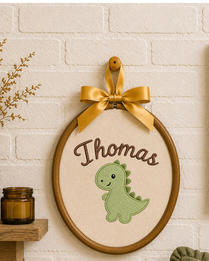 Personalized Dinosaur Embroidery Hoop, Custom Name Nursery Wall Decor, Baby Boy Dino Room Art, Handmade Baby Shower Gift