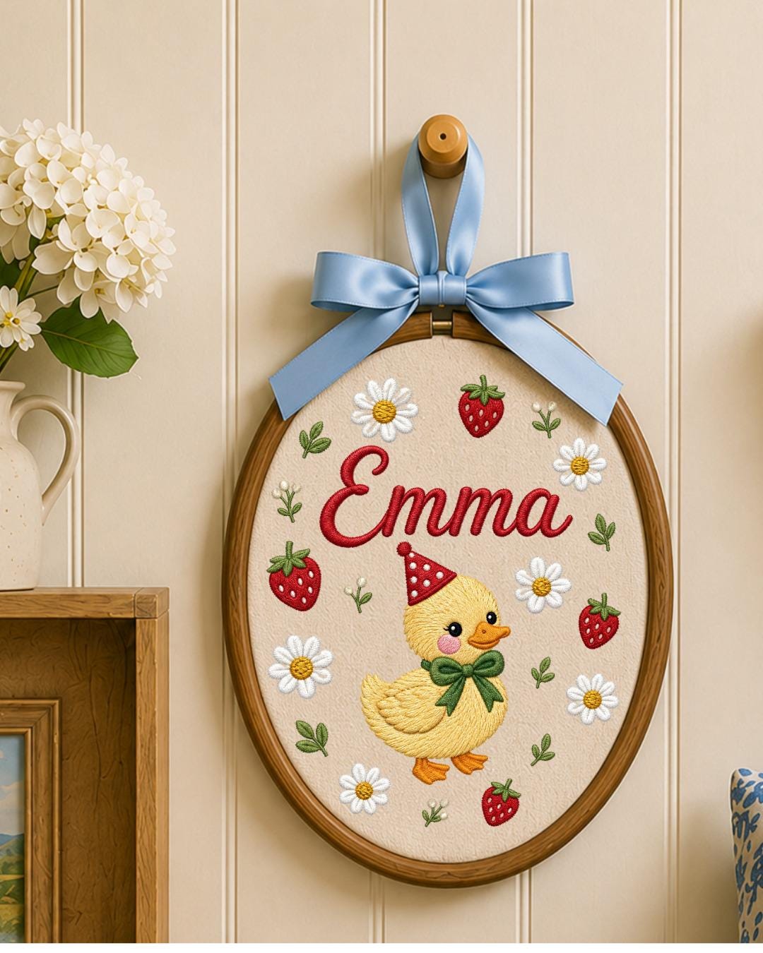 Personalized Duck Embroidery Hoop, Custom Name Nursery Wall Decor, Strawberry Daisy Baby Girl Room Art, Birthday or Baby Shower Gift