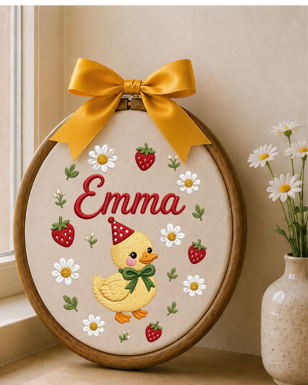 Personalized Duck Embroidery Hoop, Custom Name Nursery Wall Decor, Strawberry Daisy Baby Girl Room Art, Birthday or Baby Shower Gift