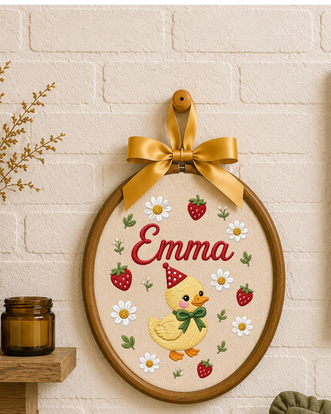 Personalized Duck Embroidery Hoop, Custom Name Nursery Wall Decor, Strawberry Daisy Baby Girl Room Art, Birthday or Baby Shower Gift