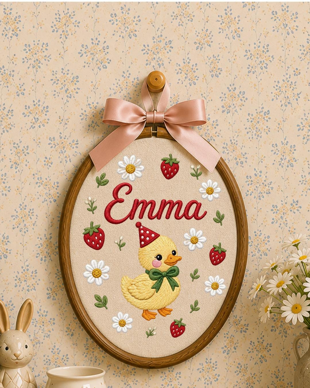 Personalized Duck Embroidery Hoop, Custom Name Nursery Wall Decor, Strawberry Daisy Baby Girl Room Art, Birthday or Baby Shower Gift