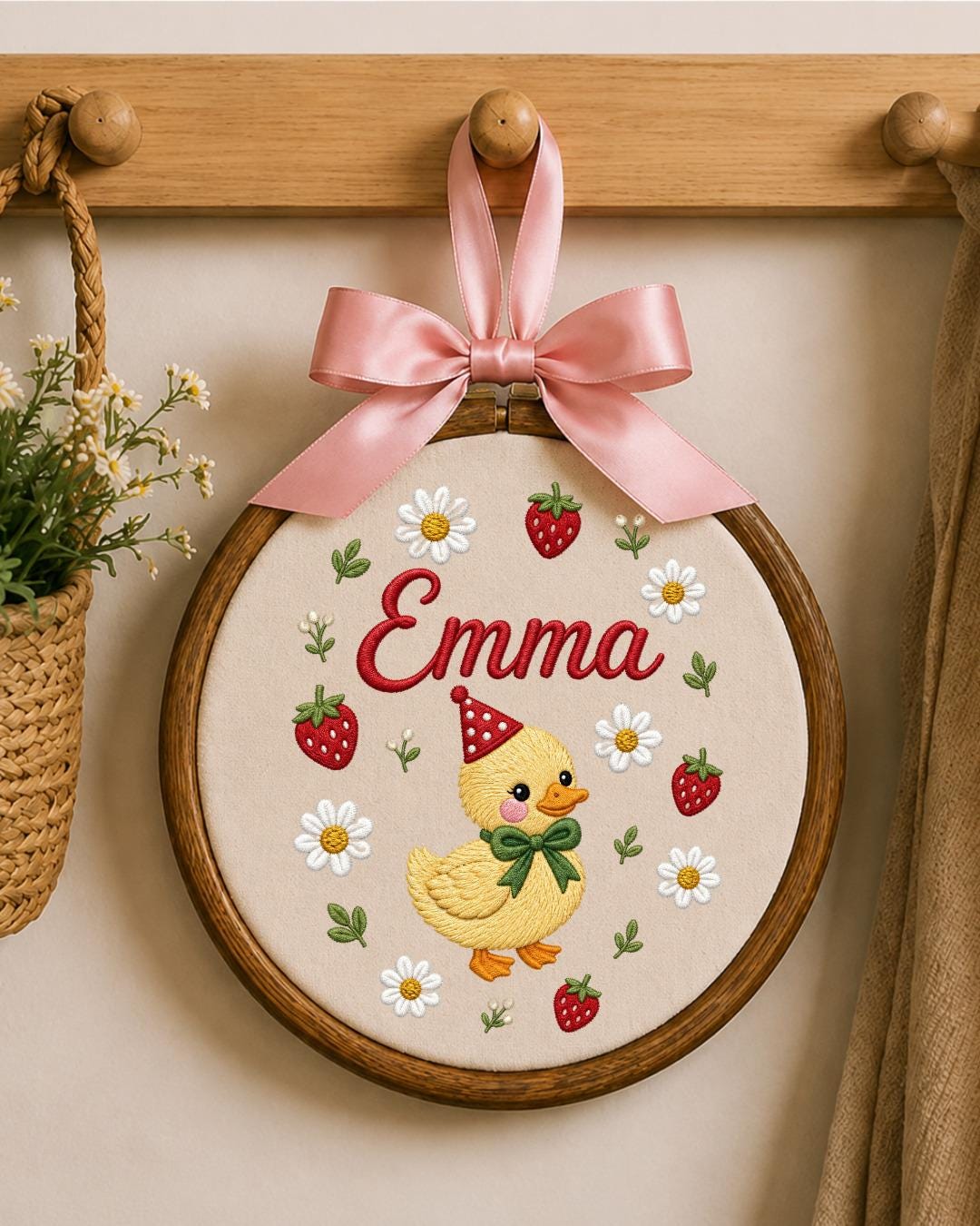 Personalized Duck Embroidery Hoop, Custom Name Nursery Wall Decor, Strawberry Daisy Baby Girl Room Art, Birthday or Baby Shower Gift