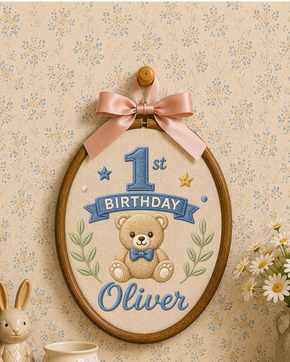 Personalized First Birthday Embroidery Hoop, Custom Name Teddy Bear Nursery Decor, Baby Boy 1st Birthday Keepsake, Baby Shower Gift