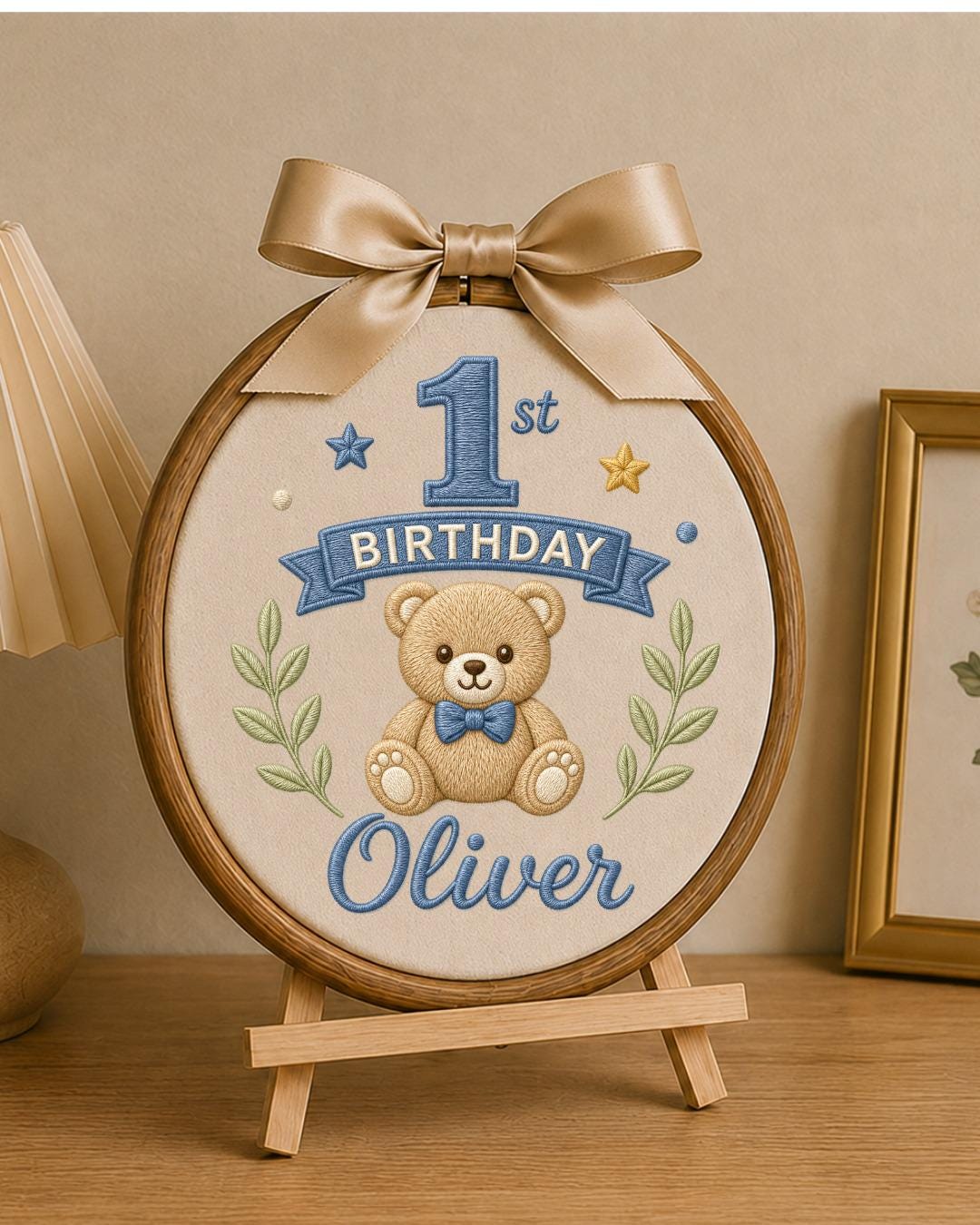 Personalized First Birthday Embroidery Hoop, Custom Name Teddy Bear Nursery Decor, Baby Boy 1st Birthday Keepsake, Baby Shower Gift