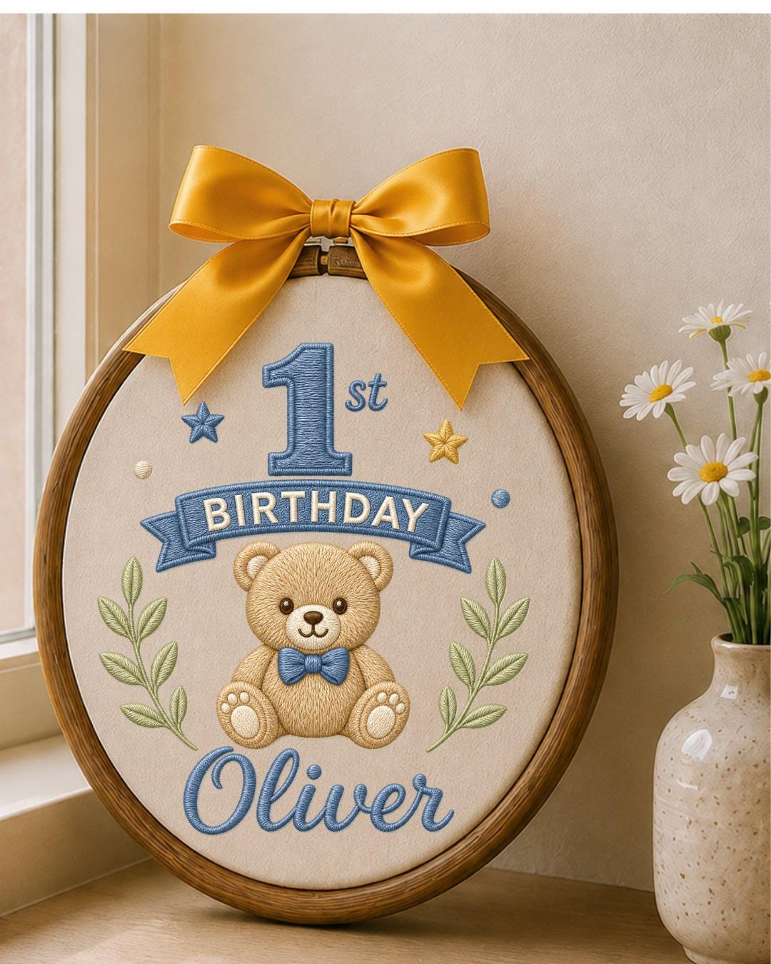 Personalized First Birthday Embroidery Hoop, Custom Name Teddy Bear Nursery Decor, Baby Boy 1st Birthday Keepsake, Baby Shower Gift