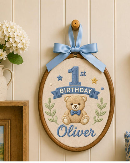 Personalized First Birthday Embroidery Hoop, Custom Name Teddy Bear Nursery Decor, Baby Boy 1st Birthday Keepsake, Baby Shower Gift