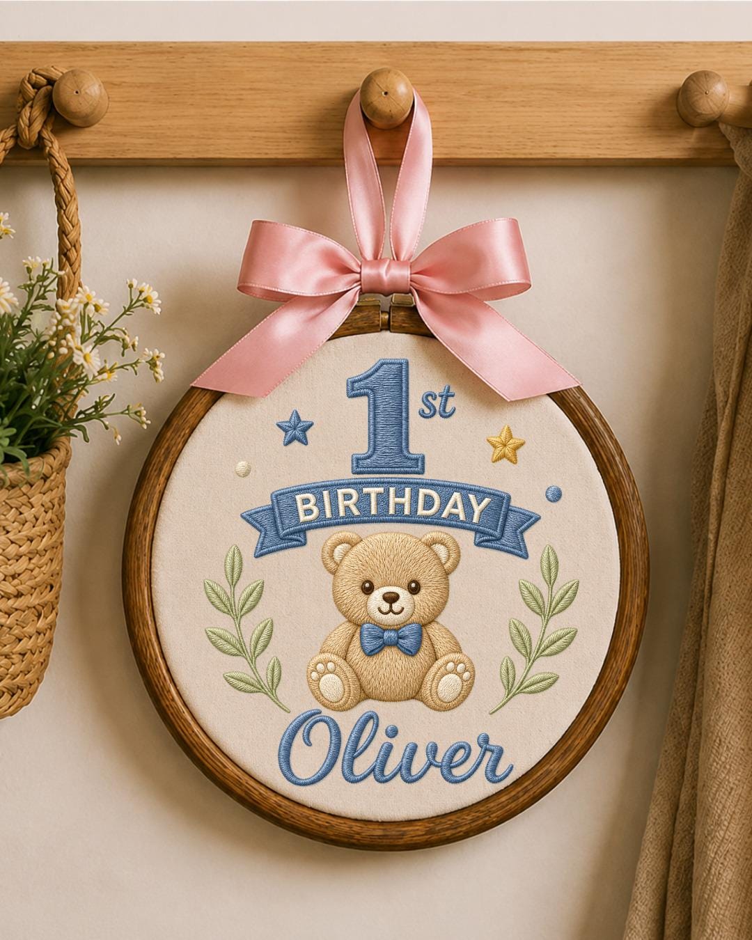 Personalized First Birthday Embroidery Hoop, Custom Name Teddy Bear Nursery Decor, Baby Boy 1st Birthday Keepsake, Baby Shower Gift