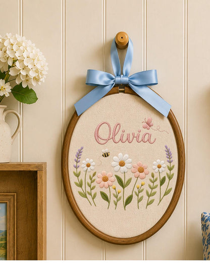 Personalized Wildflower Embroidery Hoop, Custom Name Floral Nursery Wall Decor, Baby Girl Room Art, Butterfly and Bee Baby Shower Gift