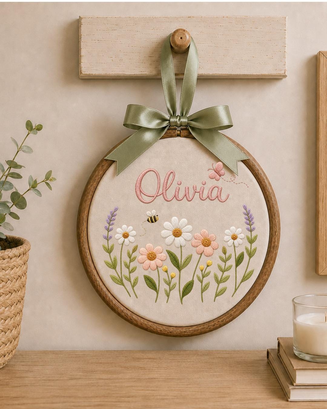 Personalized Wildflower Embroidery Hoop, Custom Name Floral Nursery Wall Decor, Baby Girl Room Art, Butterfly and Bee Baby Shower Gift