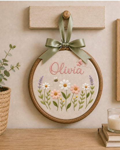 Personalized Wildflower Embroidery Hoop, Custom Name Floral Nursery Wall Decor, Baby Girl Room Art, Butterfly and Bee Baby Shower Gift