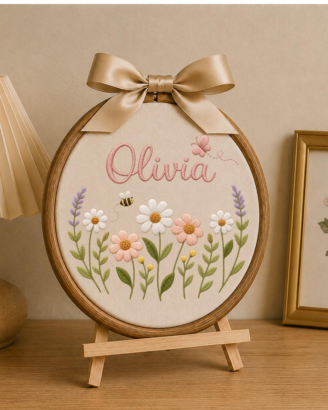 Personalized Wildflower Embroidery Hoop, Custom Name Floral Nursery Wall Decor, Baby Girl Room Art, Butterfly and Bee Baby Shower Gift