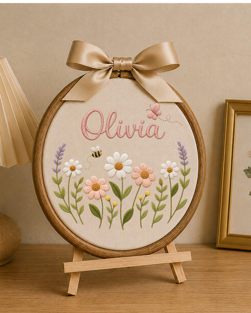 Personalized Wildflower Embroidery Hoop, Custom Name Floral Nursery Wall Decor, Baby Girl Room Art, Butterfly and Bee Baby Shower Gift