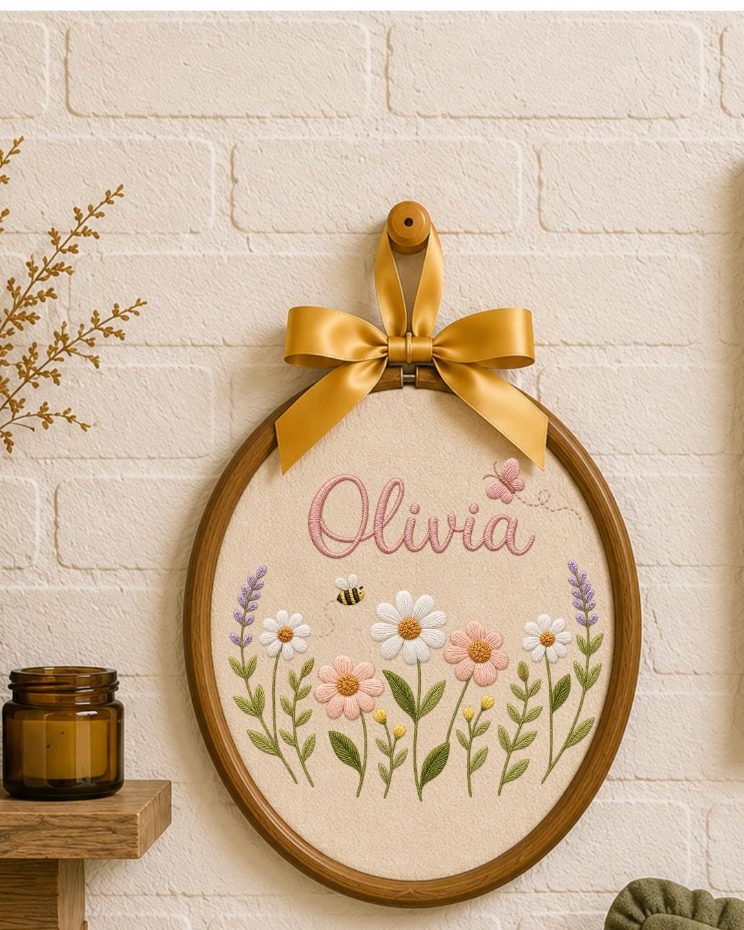 Personalized Wildflower Embroidery Hoop, Custom Name Floral Nursery Wall Decor, Baby Girl Room Art, Butterfly and Bee Baby Shower Gift