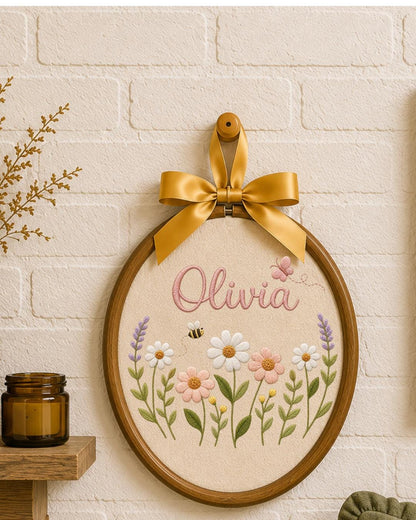 Personalized Wildflower Embroidery Hoop, Custom Name Floral Nursery Wall Decor, Baby Girl Room Art, Butterfly and Bee Baby Shower Gift