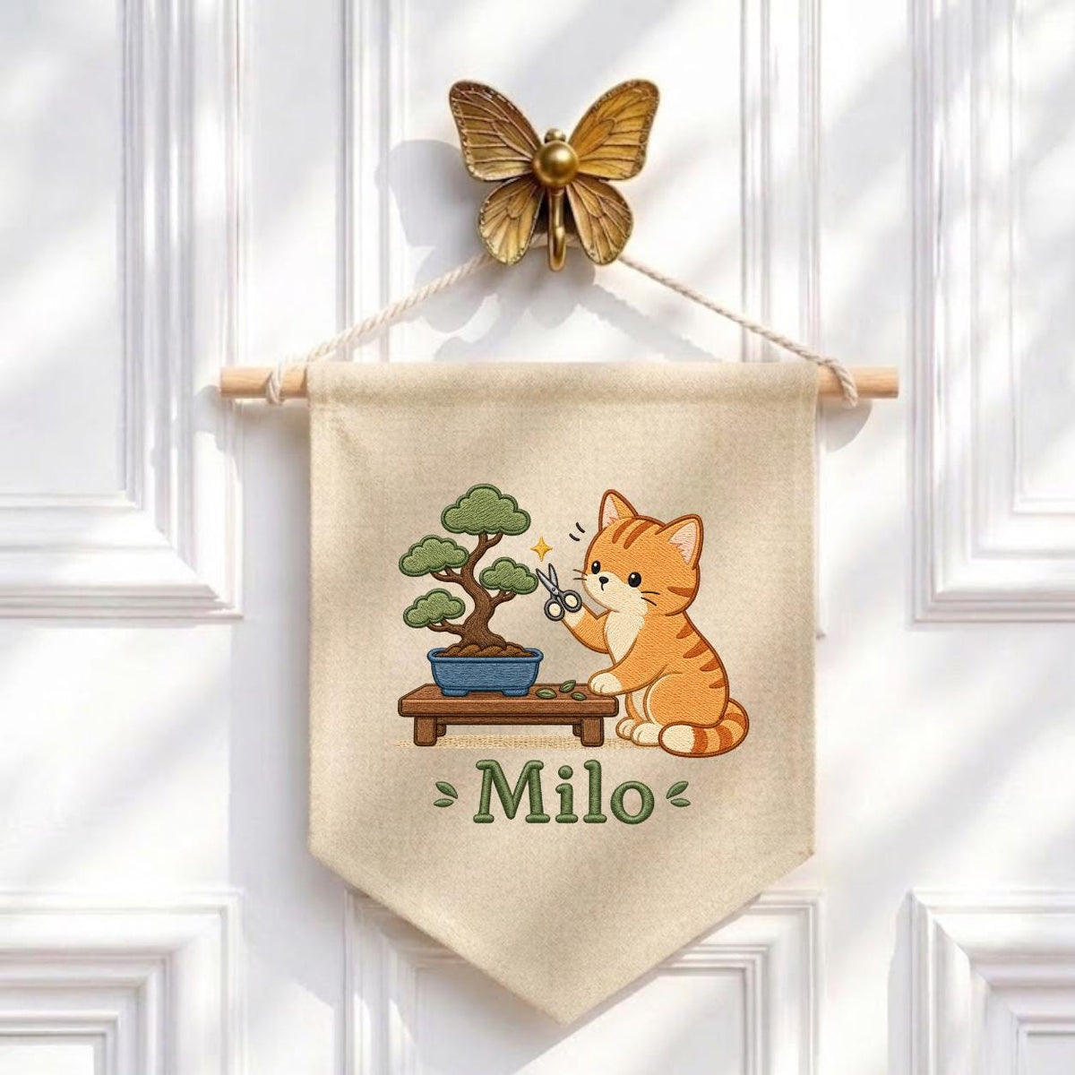 Personalized Embroidered Cat Bonsai Banner, Linen Nursery Wall Hanging, Plant Lover Gift