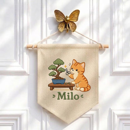 Personalized Embroidered Cat Bonsai Banner, Linen Nursery Wall Hanging, Plant Lover Gift