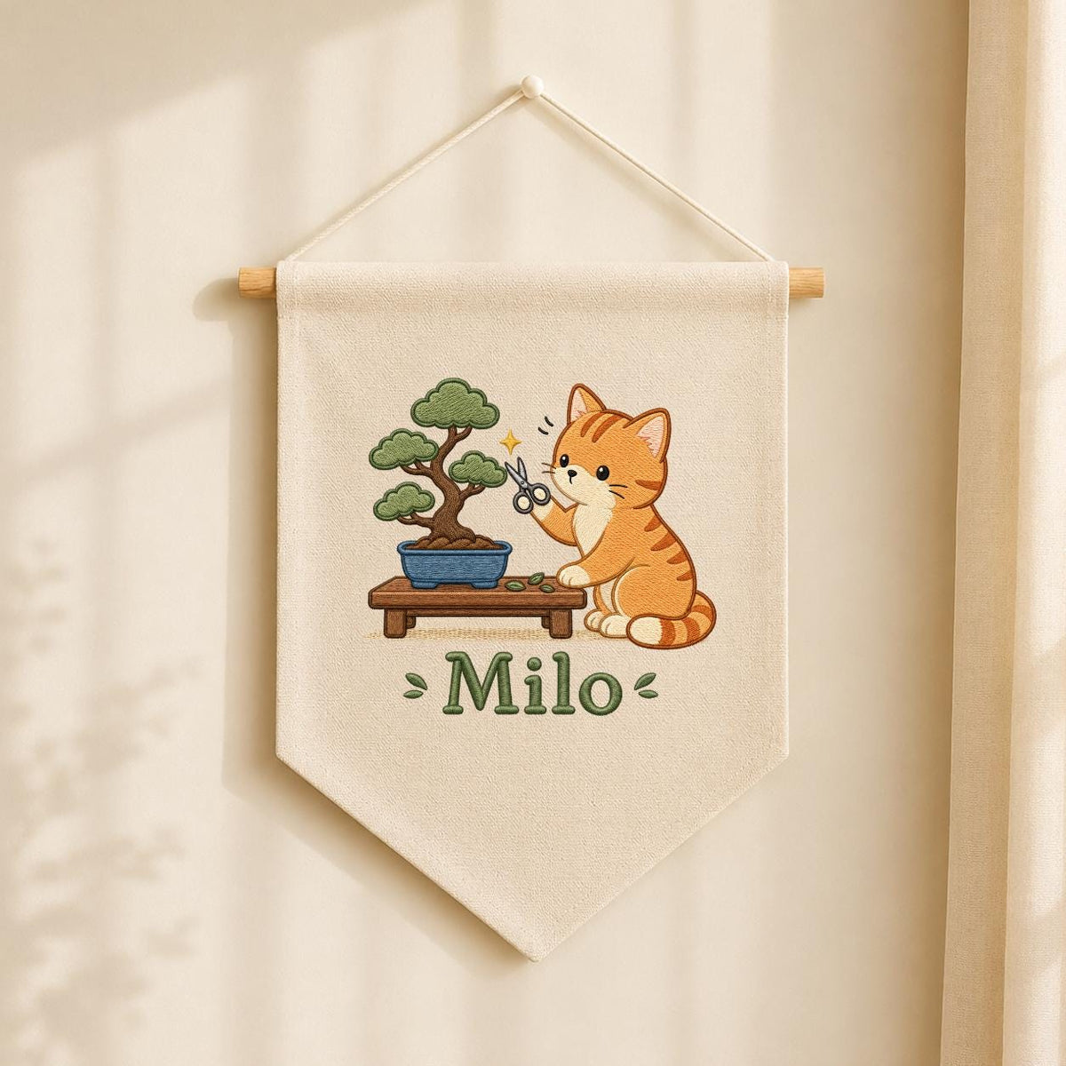 Personalized Embroidered Cat Bonsai Banner, Linen Nursery Wall Hanging, Plant Lover Gift