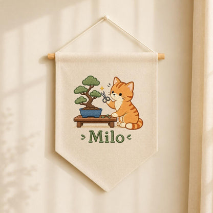 Personalized Embroidered Cat Bonsai Banner, Linen Nursery Wall Hanging, Plant Lover Gift